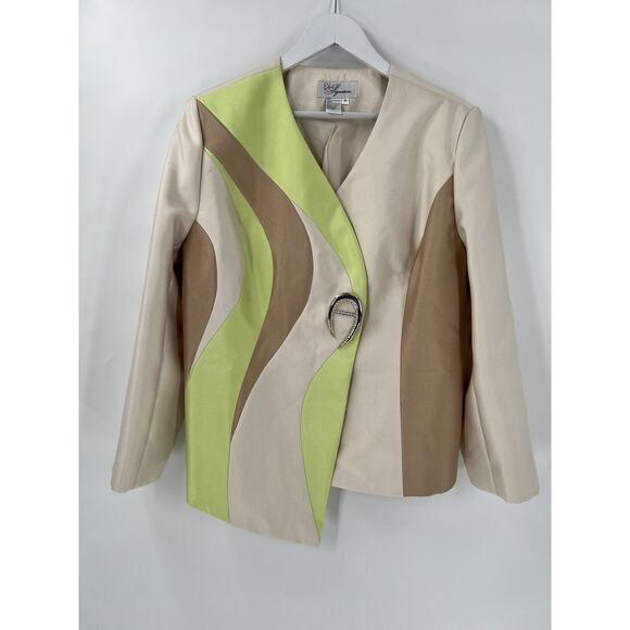EY Signature Vintage Jacket Womens 18 Beige Brown Green Striped Rhinestone Clasp - Picture 1 of 16
